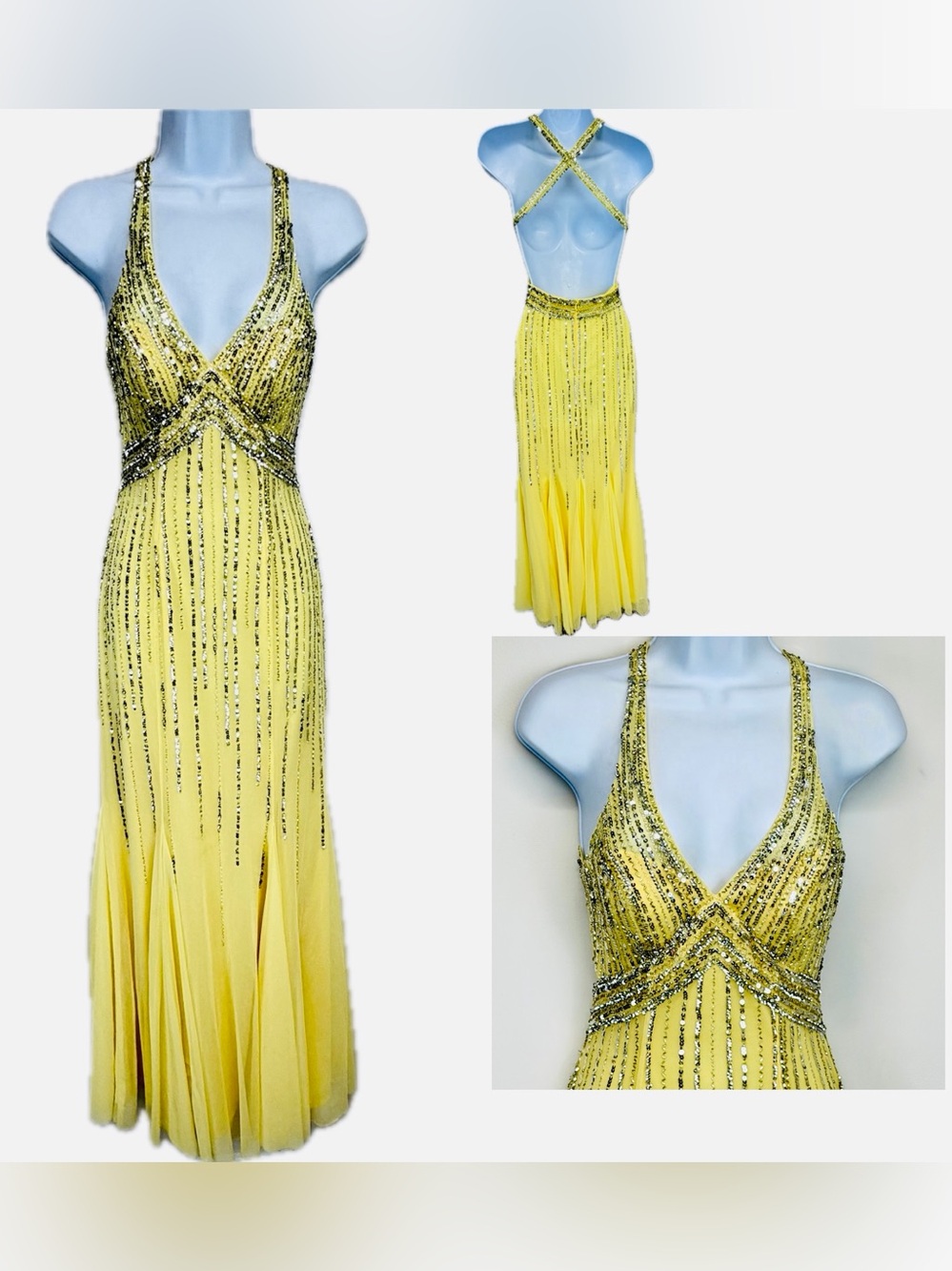 Vintage Sean Prom Dress Maxi Gown XS Yellow Tulle Bead  Glam Princess Fairy Y2K